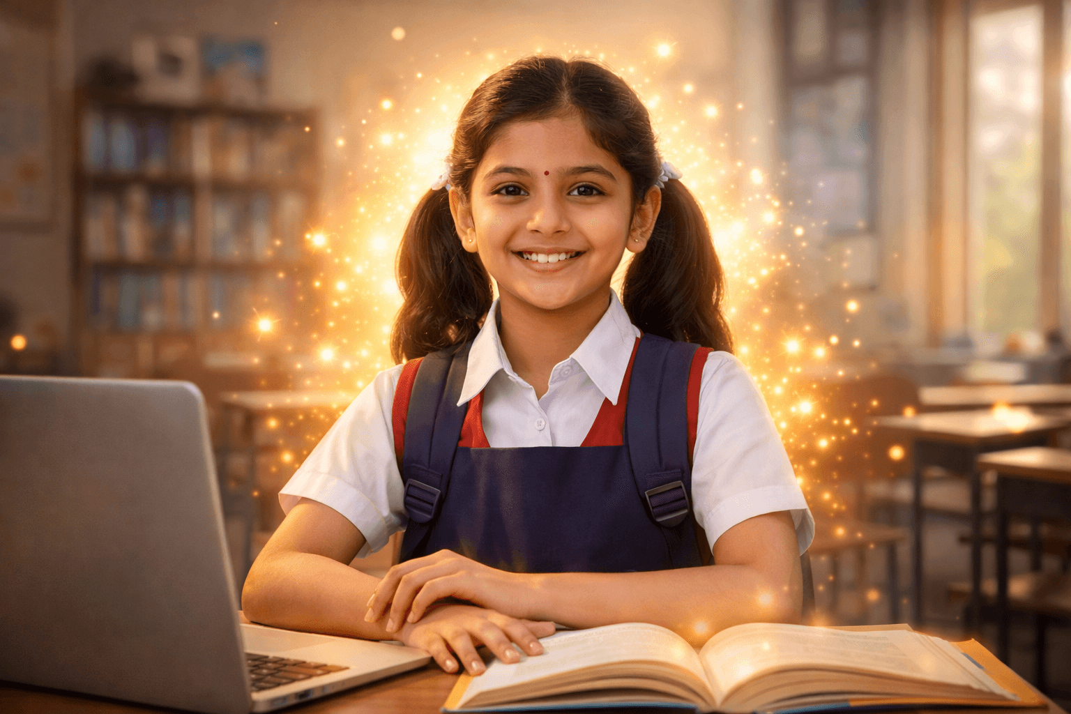 A confident young daughter studying with books and a laptop